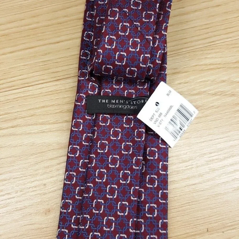 BLOOMINGDALES MENS STORE Neck Tie Burgundy Geometric Square Link 100% Silk